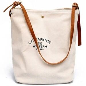Le Marche de Whiterm Paris Canvas Bucket Shoulder Bag with Tan Strap